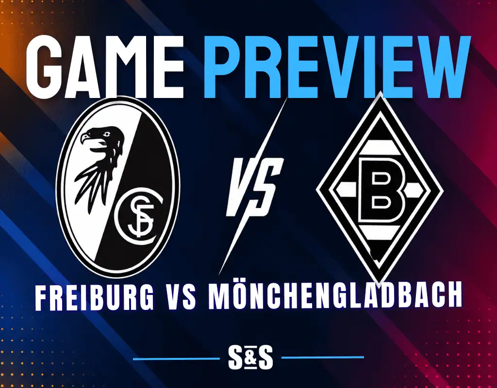 Freiburg and Borussia Mönchengladbach club crests separated by a white VS graphic on a dark soccer matchup background.