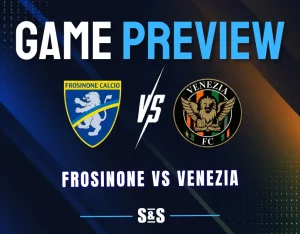 Frosinone vs Venezia: Frosinone Calcio and Venezia FC logos separated by a white VS on a dark navy background with blue, yellow, orange, and green accents.