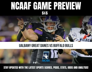 NCAAF game preview featuring UAlbany Great Danes vs Buffalo Bulls with a football player in action and NCAA logo.