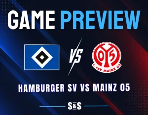 Hamburger SV vs Mainz 05: Hamburger SV and Mainz 05 logos separated by a white VS on a dark navy background with blue and red accents.