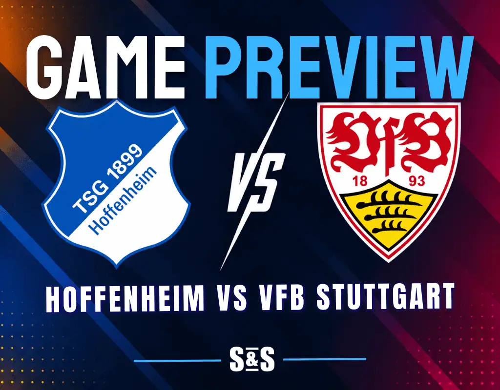 Hoffenheim and VfB Stuttgart club crests separated by a white VS graphic on a dark soccer matchup background.