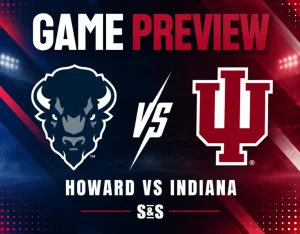 NCAAF game preview graphic featuring Howard and Indiana logos with navy, red, and white team-color background.