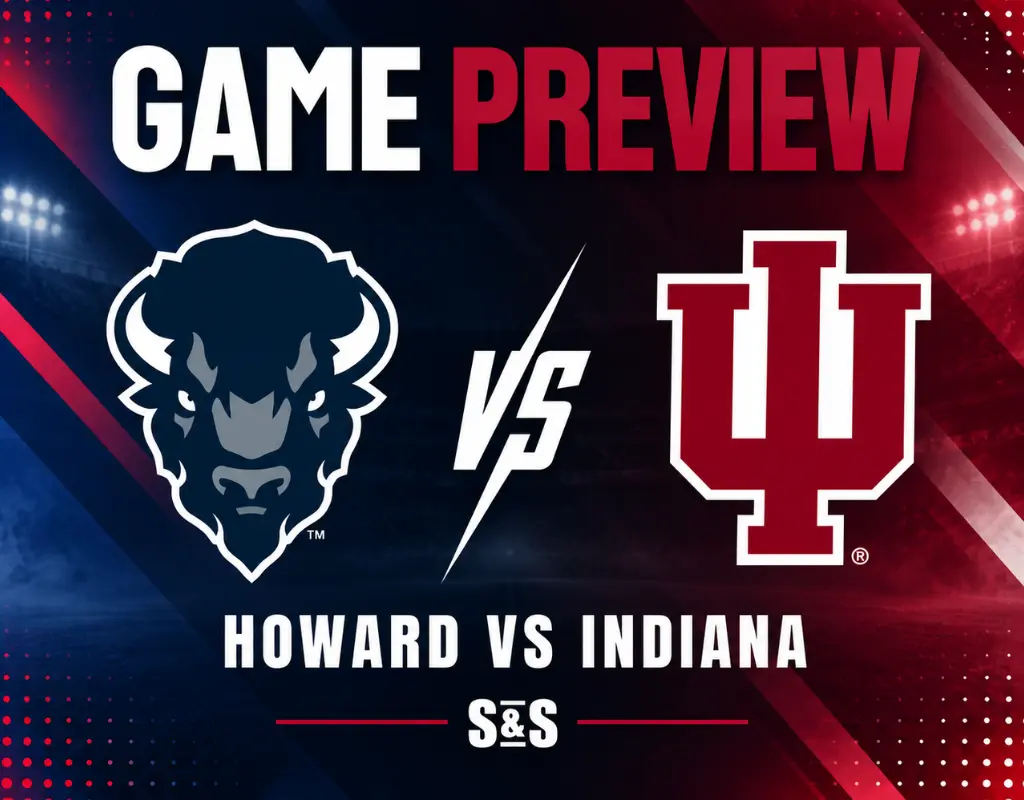 NCAAF game preview graphic featuring Howard and Indiana logos with navy, red, and white team-color background.