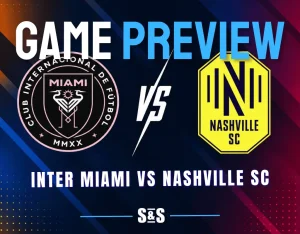 Inter Miami and Nashville SC club crests separated by a white VS graphic on a dark MLS matchup background.