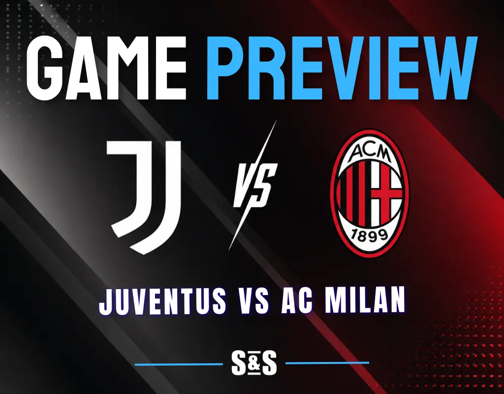 Juventus vs AC Milan: Juventus and AC Milan logos separated by a white VS on a dark background with black, white, and red accents.