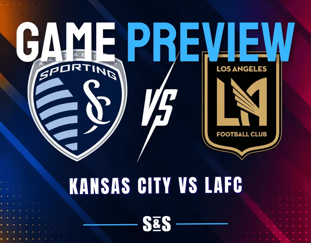 Sporting Kansas City and LAFC club crests separated by a white VS graphic on a dark MLS matchup background.