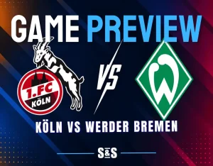 Köln and Werder Bremen club crests separated by a white VS graphic on a dark soccer matchup background.