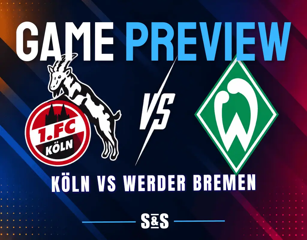 Köln and Werder Bremen club crests separated by a white VS graphic on a dark soccer matchup background.