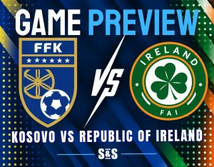Game preview graphic showing Kosovo vs Republic of Ireland football match with team logos and vs symbol on blue background.