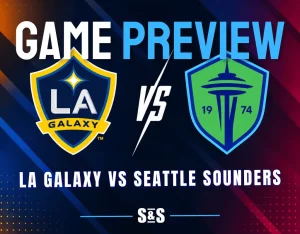 LA Galaxy and Seattle Sounders club crests separated by a white VS graphic on a dark MLS matchup background.