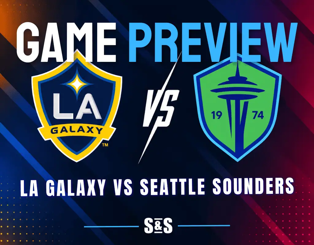 LA Galaxy and Seattle Sounders club crests separated by a white VS graphic on a dark MLS matchup background.