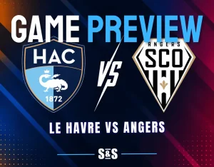 Le Havre and Angers club crests separated by a white VS graphic on a dark soccer matchup background.