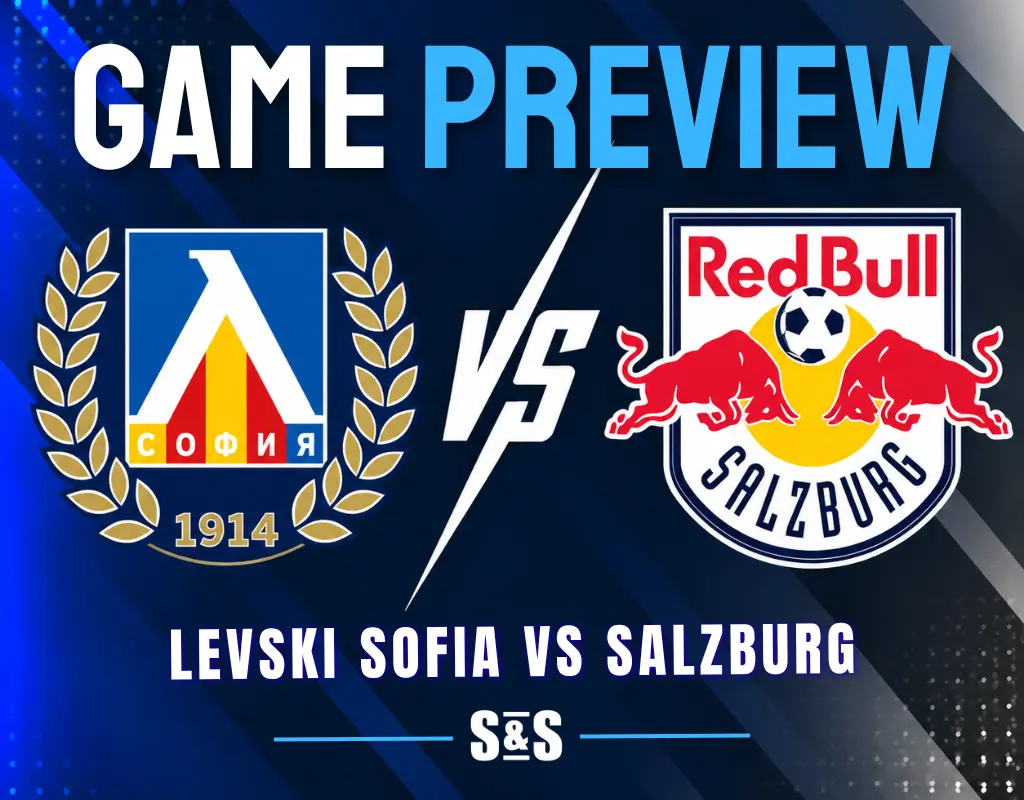 Game preview graphic featuring the logos of Levski Sofia and Red Bull Salzburg, with "Levski Sofia vs Salzburg" prominently displayed.