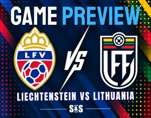 Game preview graphic showing Liechtenstein vs Lithuania soccer match with team crests and vibrant color accents.