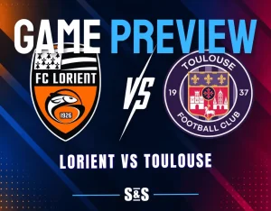 Lorient and Toulouse club crests separated by a white VS graphic on a dark soccer matchup background.