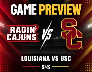 NCAAF game preview graphic featuring Louisiana Tech and LSU logos with red, blue, purple, and gold team-color background.