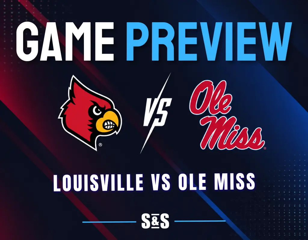 Louisville vs Ole Miss: Louisville Cardinals and Ole Miss Rebels logos separated by a white VS on a dark navy background with red and blue accents.
