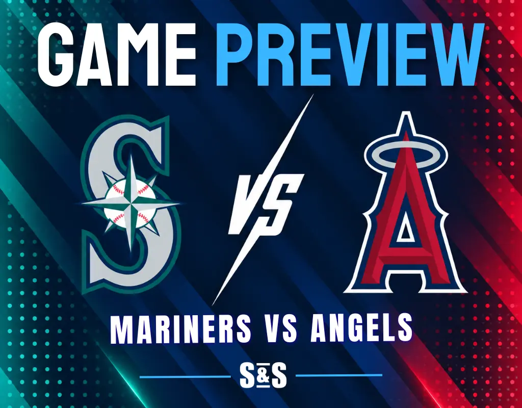 Game preview graphic showing the Seattle Mariners logo versus the Los Angeles Angels logo with team names on a blue and red background.