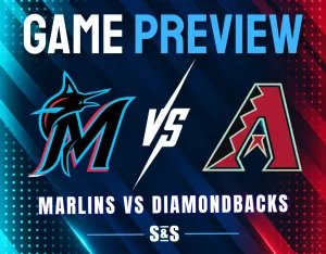Game preview graphic showing Miami Marlins logo versus Arizona Diamondbacks logo with bold text and colorful background.