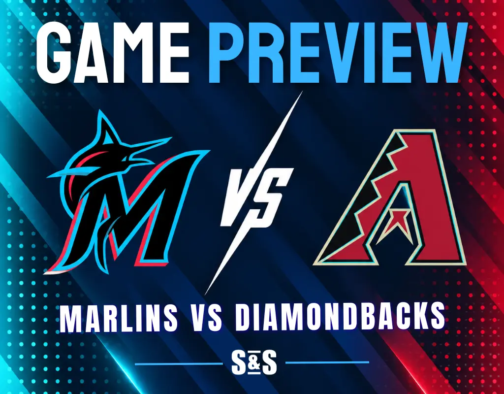 Game preview graphic showing Miami Marlins logo versus Arizona Diamondbacks logo with bold text and colorful background.