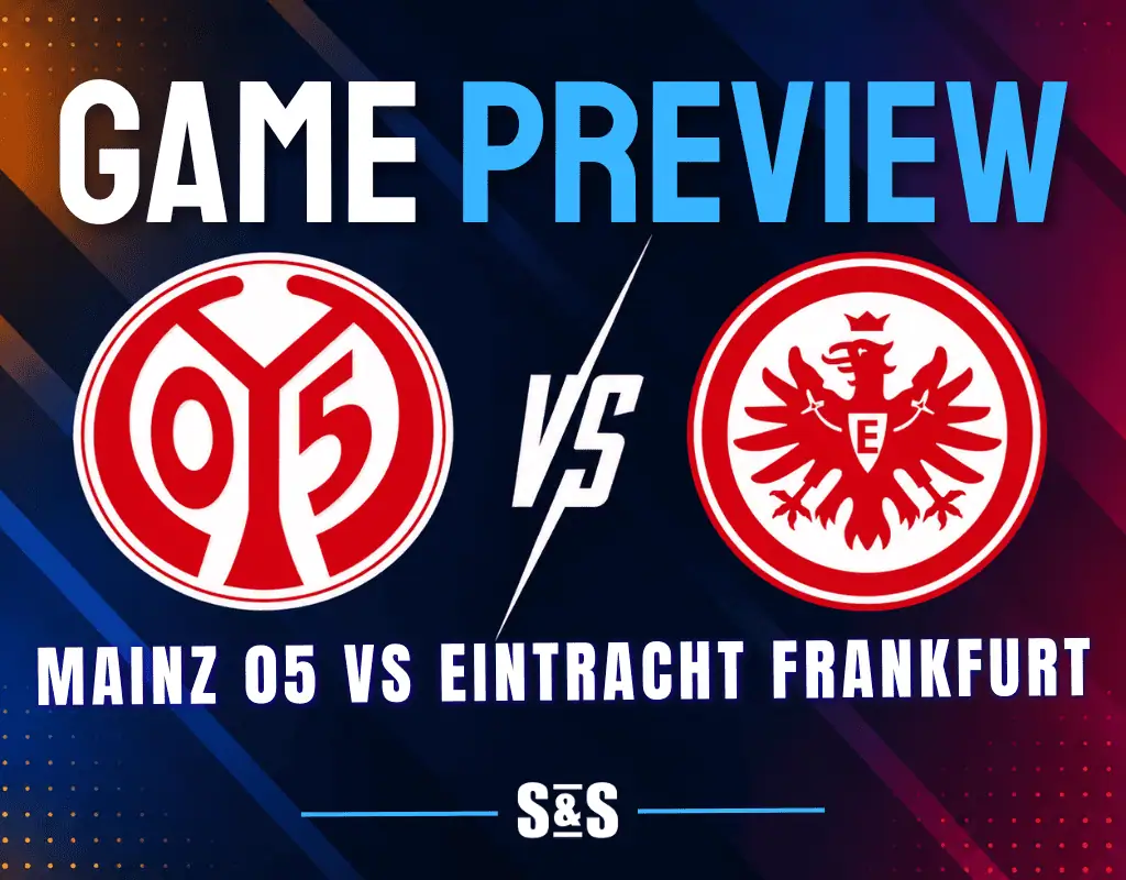 Mainz 05 and Eintracht Frankfurt club crests separated by a white VS graphic on a dark soccer matchup background.