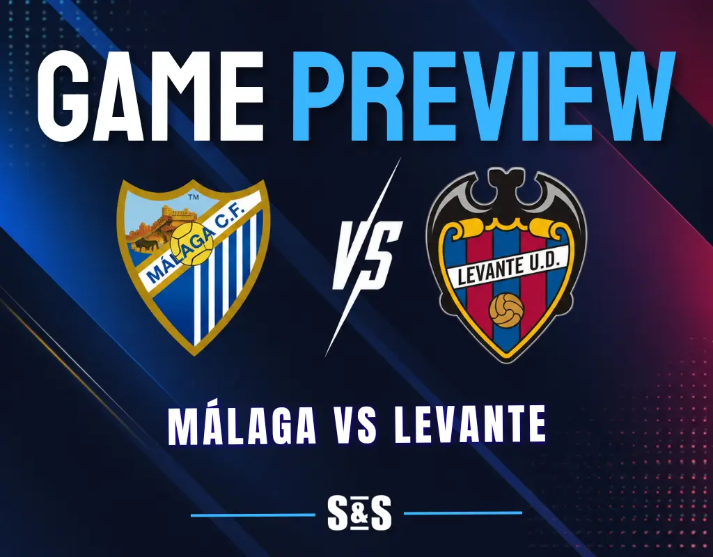 Málaga vs Levante: Málaga CF and Levante UD logos separated by a white VS on a dark navy background with light blue, gold, red, and deep blue accents.