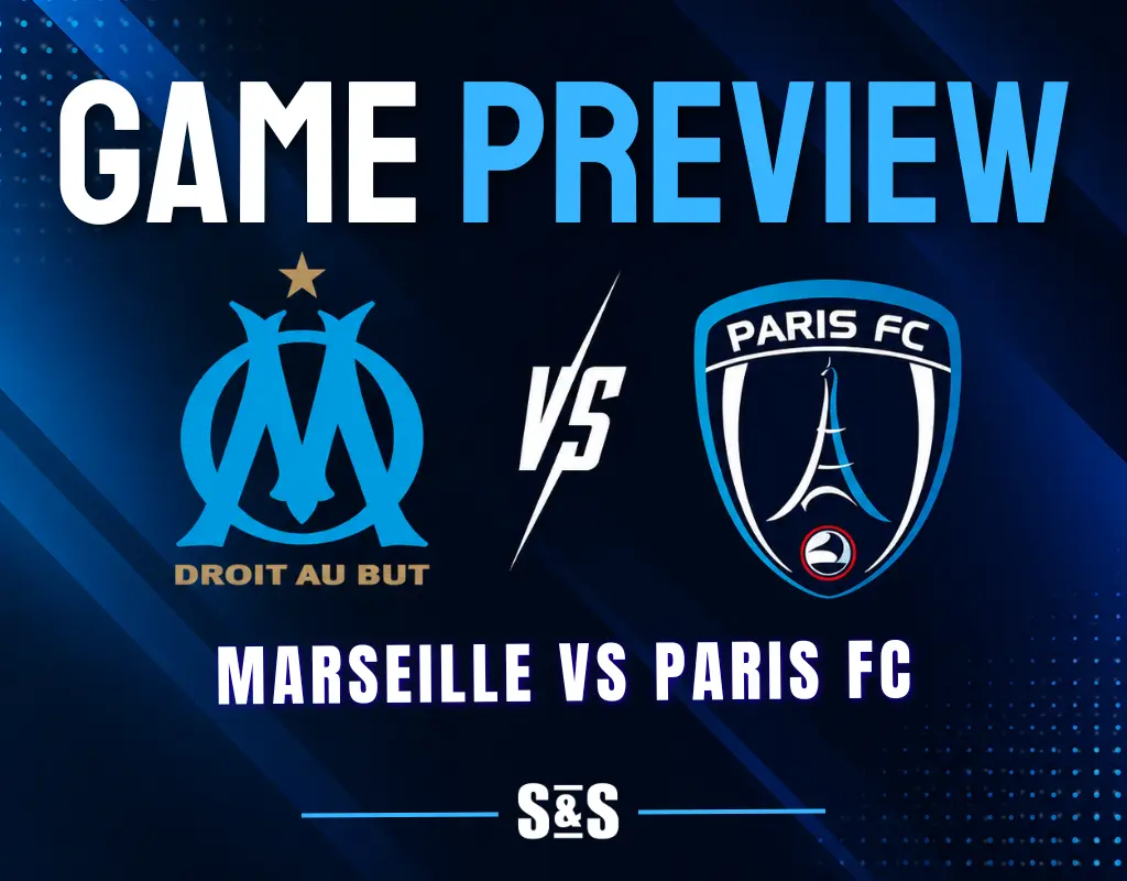 Marseille vs Paris FC: Olympique de Marseille and Paris FC logos separated by a white VS on a dark navy background with light and deep blue accents.