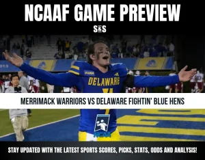 College football game preview featuring Delaware Fightin' Blue Hens vs Merrimack Warriors with a player celebrating on the field.