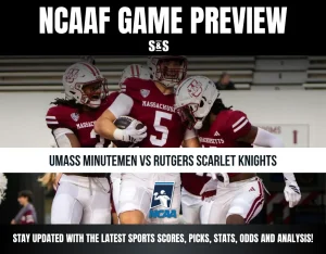 College football players from UMass Minutemen celebrating during a game preview for UMass vs Rutgers Scarlet Knights.