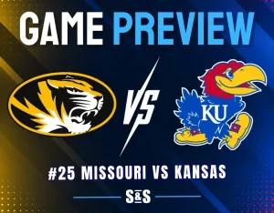 Game preview graphic featuring Missouri Tigers vs Kansas Jayhawks with team logos and #25 Missouri ranking.