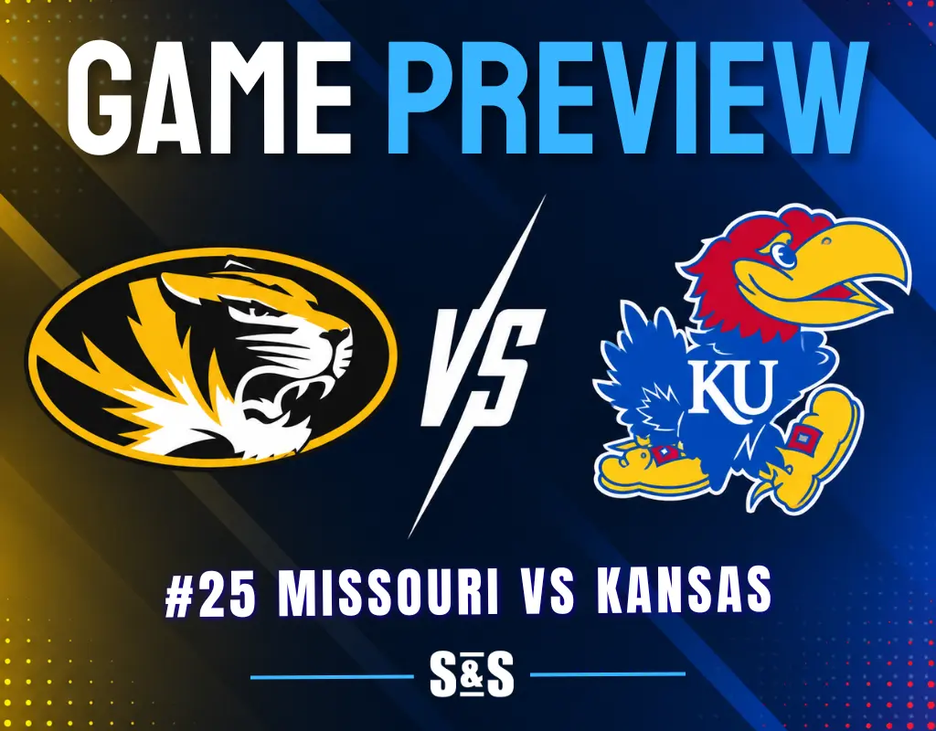 Game preview graphic featuring Missouri Tigers vs Kansas Jayhawks with team logos and #25 Missouri ranking.