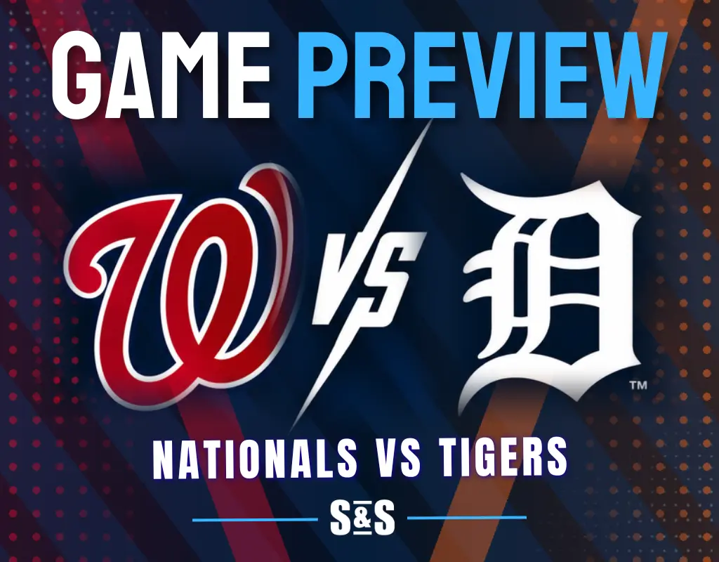 Game preview graphic showing Washington Nationals vs Detroit Tigers logos and text.