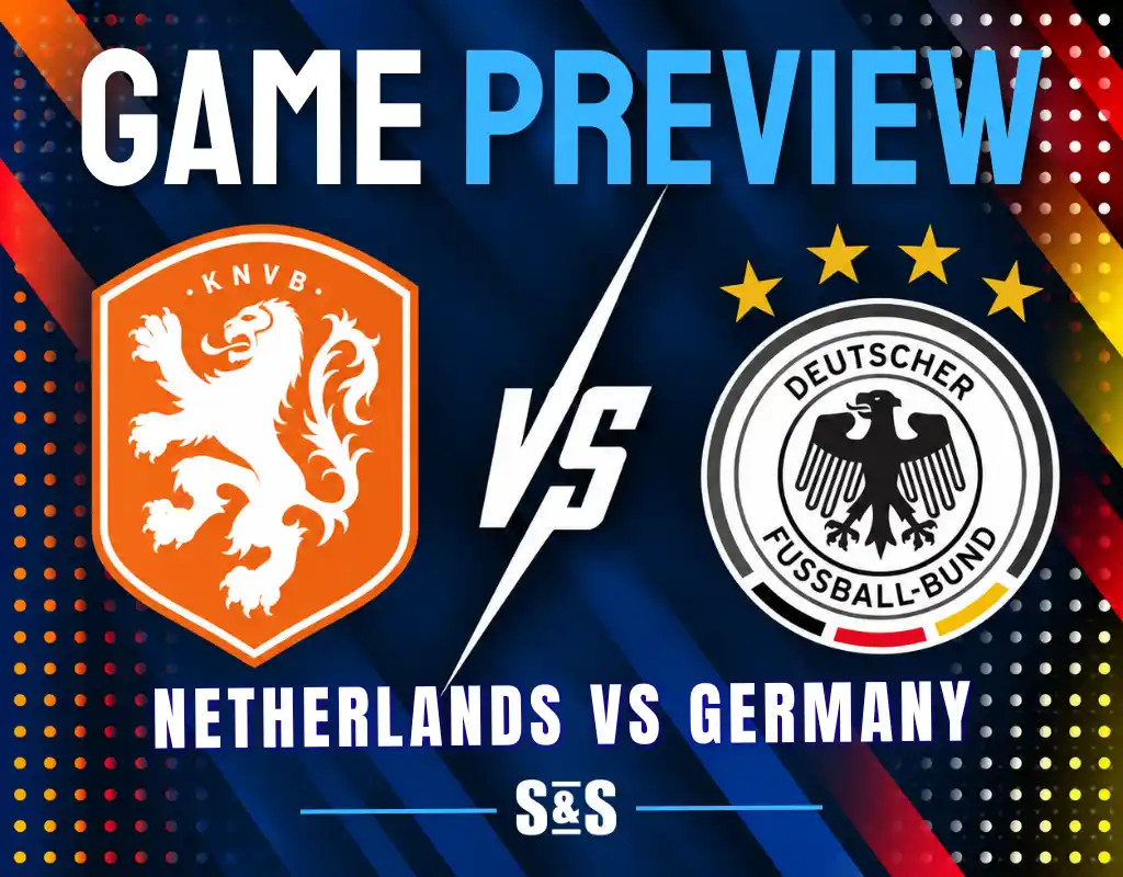 Game preview graphic showing Netherlands vs Germany with team logos and bold text on a dark background.