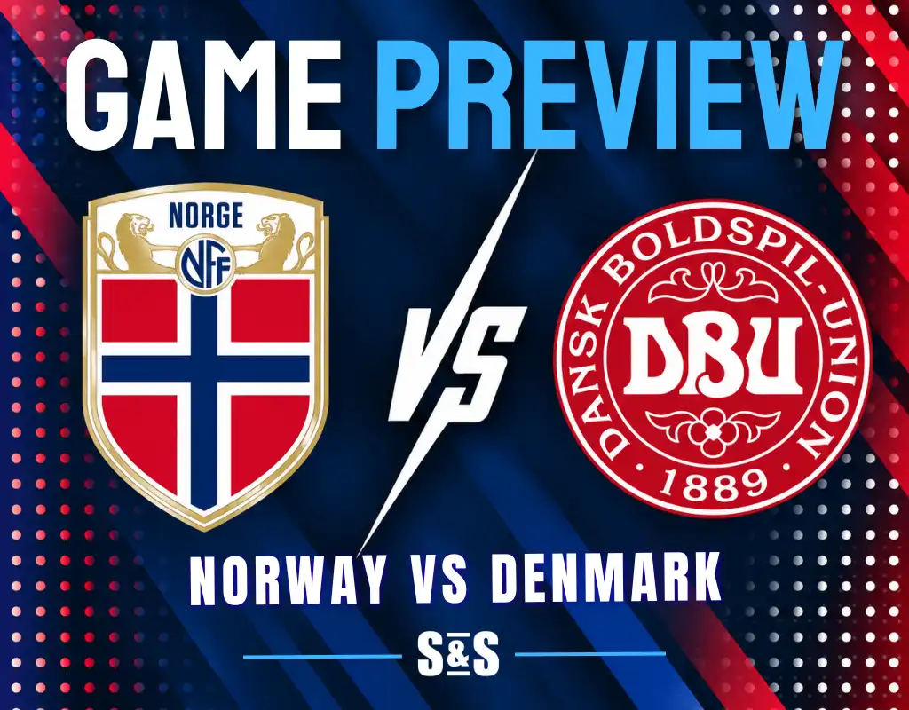 Graphic showing Norway vs Denmark football match preview with team crests and text on a blue background.