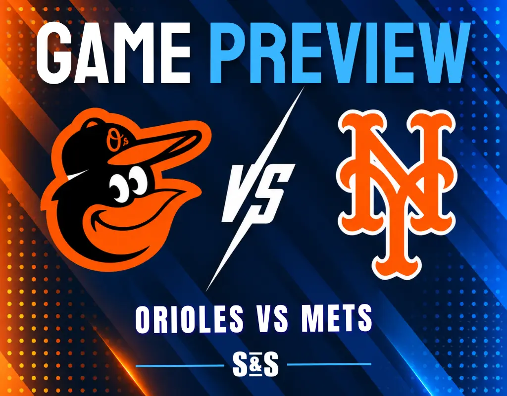 Game preview graphic showing Baltimore Orioles versus New York Mets logos and team names on a blue and orange background.