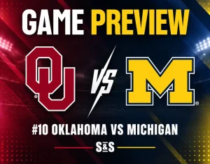 NCAAF game preview graphic featuring #10 Oklahoma and Michigan logos with crimson, navy, and maize team-color background.