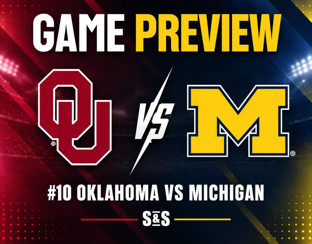 NCAAF game preview graphic featuring #10 Oklahoma and Michigan logos with crimson, navy, and maize team-color background.