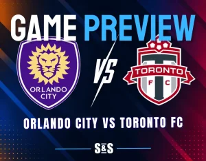 Orlando City and Toronto FC club crests separated by a white VS graphic on a dark MLS matchup background.