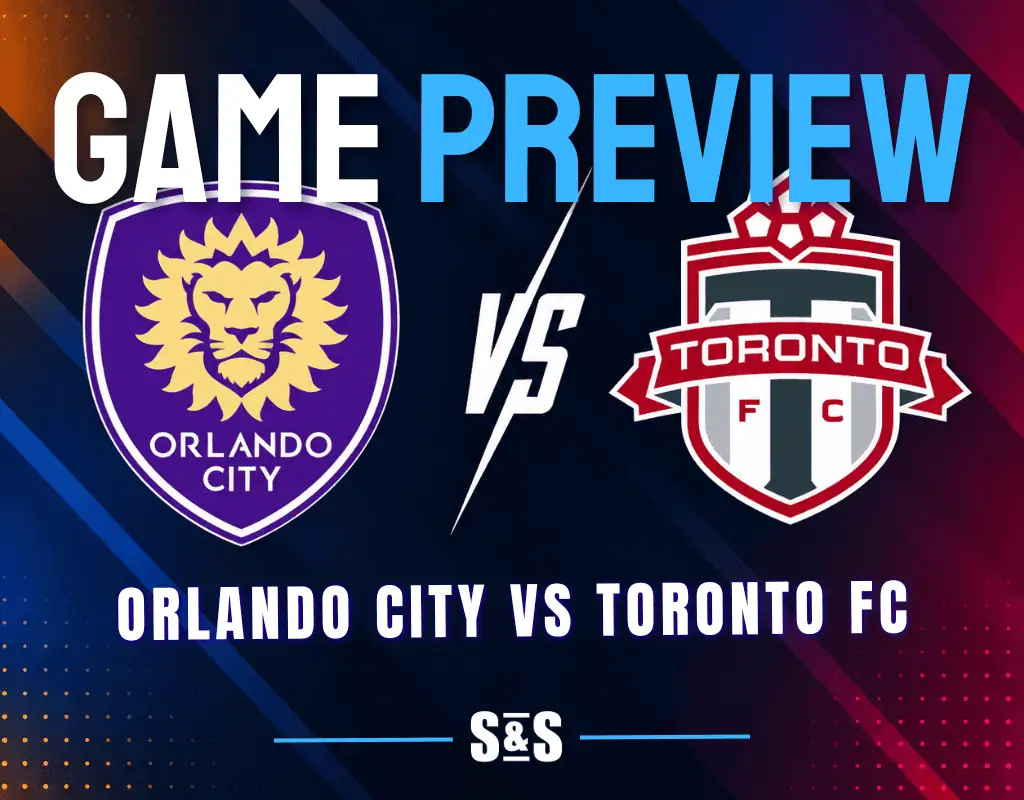 Orlando City and Toronto FC club crests separated by a white VS graphic on a dark MLS matchup background.