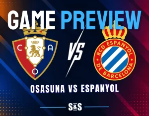 Osasuna and Espanyol club crests separated by a white VS graphic on a dark soccer matchup background.