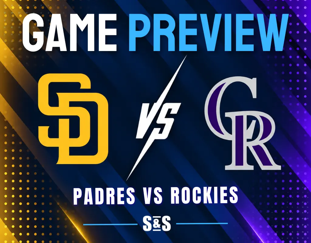Game preview graphic showing San Diego Padres logo versus Colorado Rockies logo with bold colorful background.