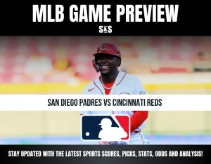 MLB game preview graphic featuring a smiling Cincinnati Reds player, San Diego Padres vs Cincinnati Reds, MLB logo included.