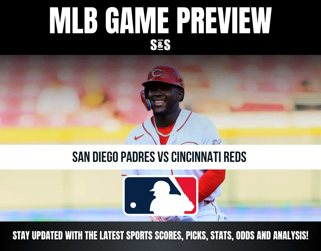 MLB game preview graphic featuring a smiling Cincinnati Reds player, San Diego Padres vs Cincinnati Reds, MLB logo included.