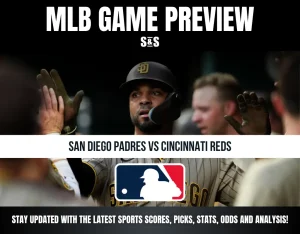MLB game preview for San Diego Padres vs Cincinnati Reds featuring a Padres player wearing helmet and batting gloves high-fiving teammates.