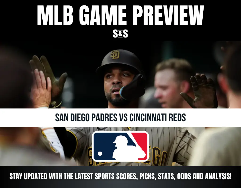 MLB game preview for San Diego Padres vs Cincinnati Reds featuring a Padres player wearing helmet and batting gloves high-fiving teammates.