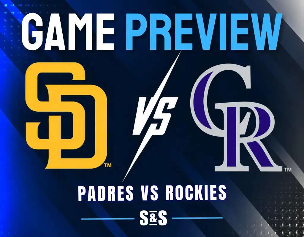 Game preview graphic for a matchup between the Padres and Rockies.