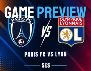 Paris FC and Lyon club crests separated by a white VS graphic on a dark soccer matchup background.