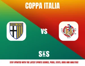 Coppa Italia match preview featuring Parma Calcio vs U.S. Cremonese logos on a green and orange background.