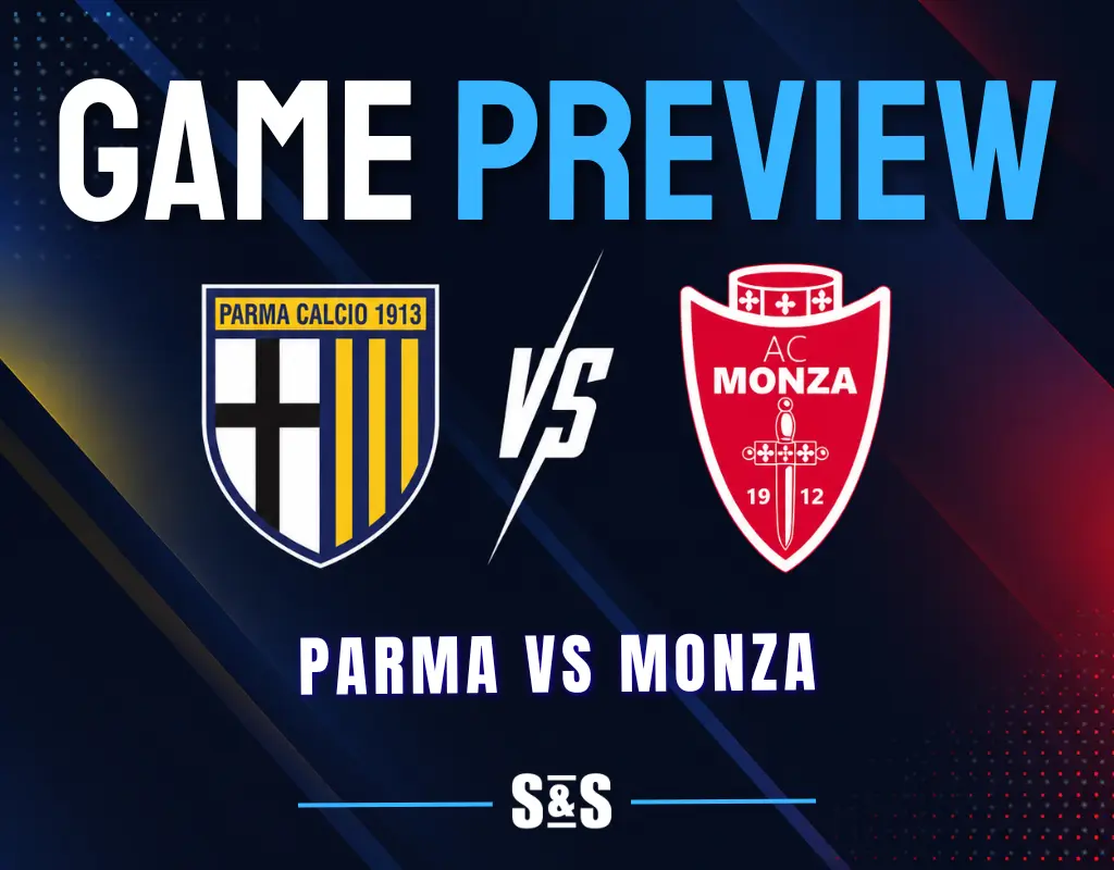 Parma vs Monza: Parma Calcio and AC Monza logos separated by a white VS on a dark navy background with yellow, blue, and red accents.