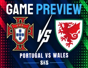 A sports game preview graphic featuring the Portugal and Wales national team crests separated by a VS logo on a dark, dotted, and gradient background.